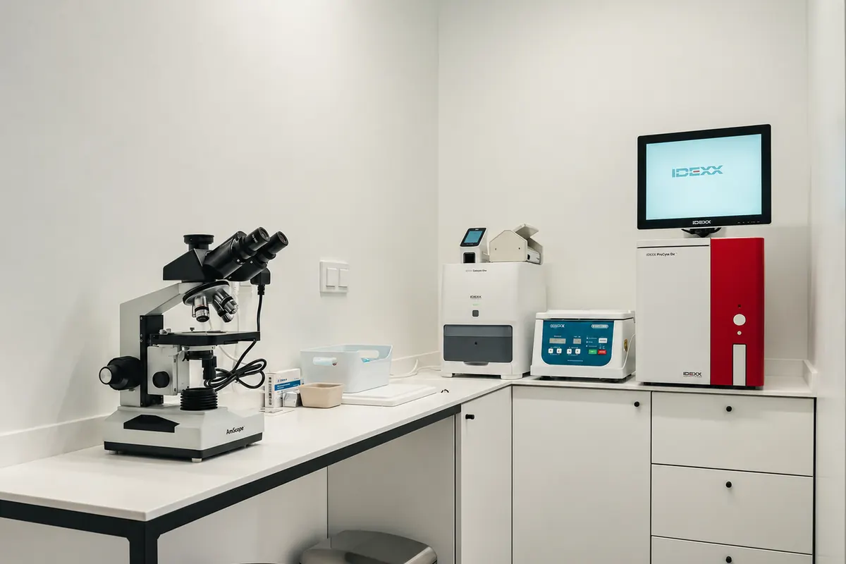 Laboratory at Serpa Pinto Veterinary Clinic, with a microscope and IDEXX analysers
