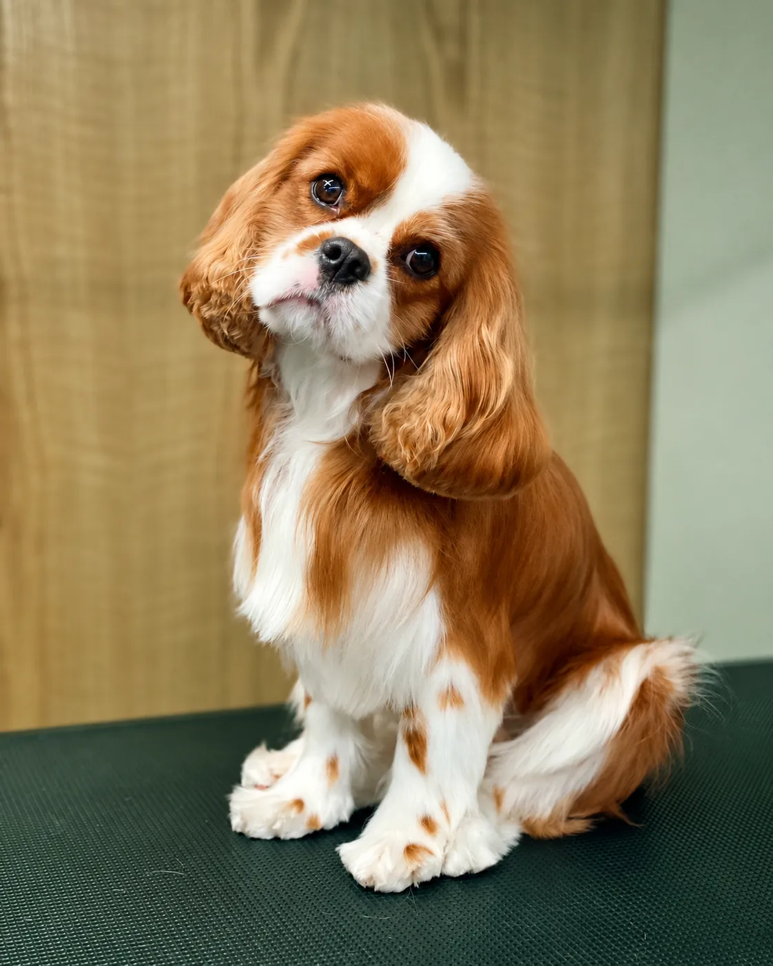 Cavalier King Charles sitting on the clinic table, head tilted