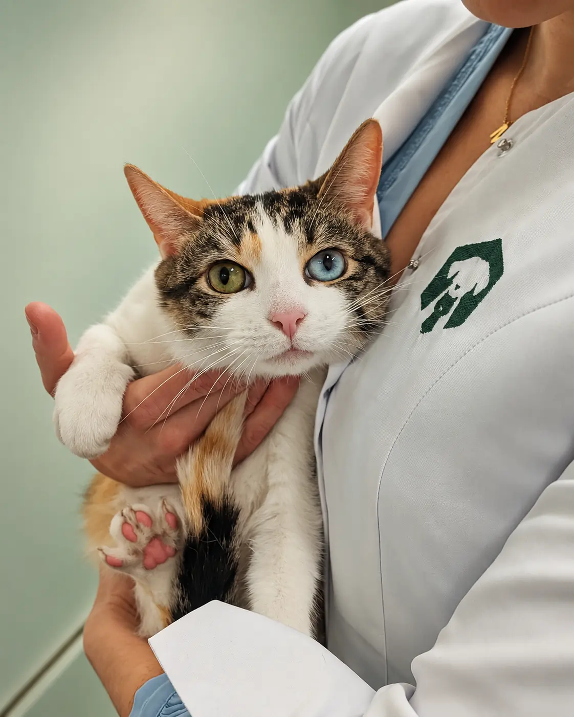 Cat held by a vet at Serpa Pinto Veterinary Clinic