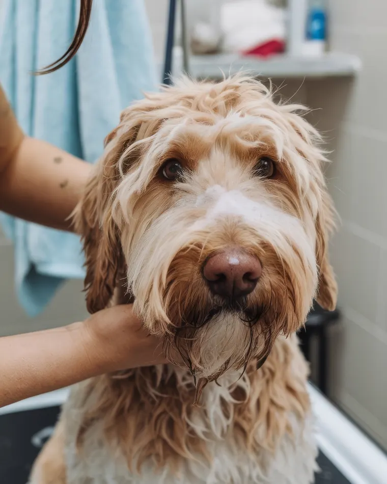 Cão de pelo comprido antes do banho e da tosquia